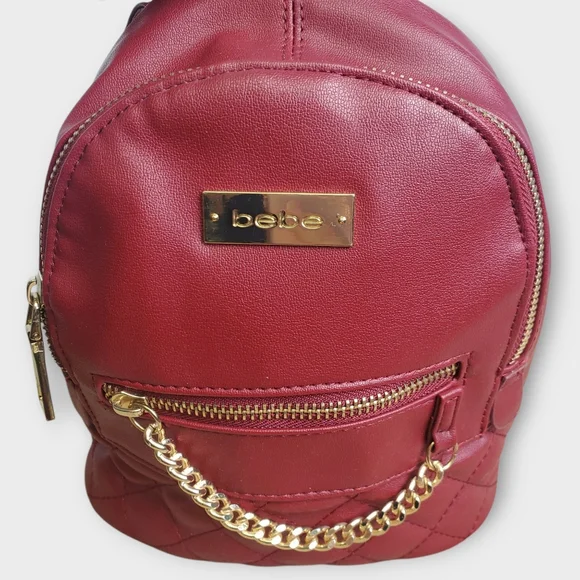Bebe Mini Backpack Quilted Burgundy Faux Leather Gold Chain 10"x9" - Picture 3 of 6